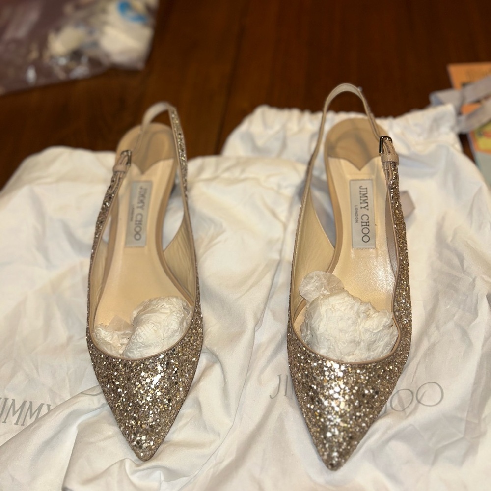 Jimmy Choo Gold Glitter Slingback Pointed-Toe Flats